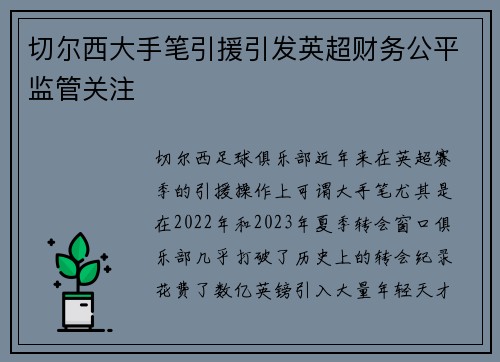 切尔西大手笔引援引发英超财务公平监管关注